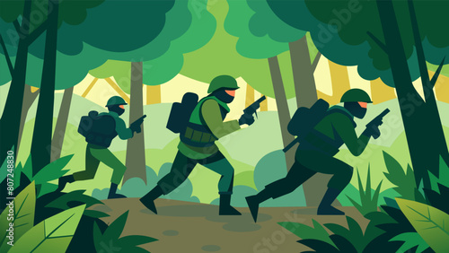 Leaves and twigs crunch under the boots of the airsoft players as they carefully make their way through the forest scanning for any signs of movement. Vector illustration