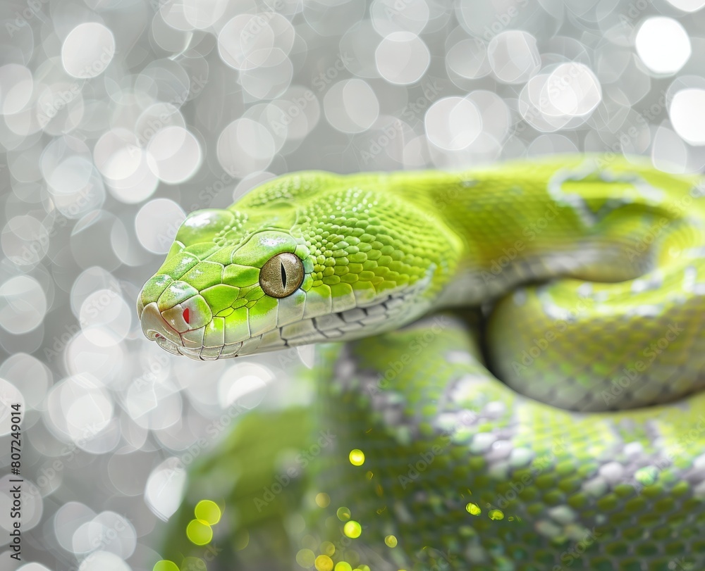 Fototapeta premium green snake on a background of silver sequins and branches of fir trees.