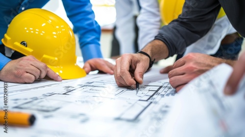 Three men are working on a project together, with one of them holding a pen