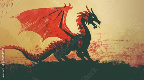 Red Welsh Dragon Illustration with Patriotic Bevel Effect - Wales Symbol 