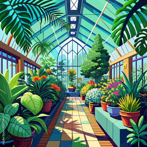 tropical garden with palm trees, Lush greenhouse interiors with vibrant plants for gardening or eco-living content.