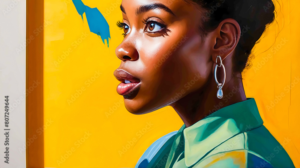 Fototapeta premium Illustration of a beautiful dark-skinned brown-eyed afro-american young woman with full lips, serious gaze wearing shirt against yellow wall, modern minimalistic digital drawing, portrait