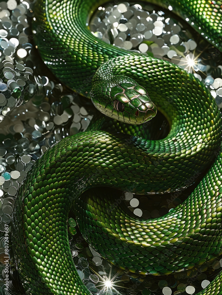 Obraz premium green snake on a background of silver sequins and branches of fir trees.