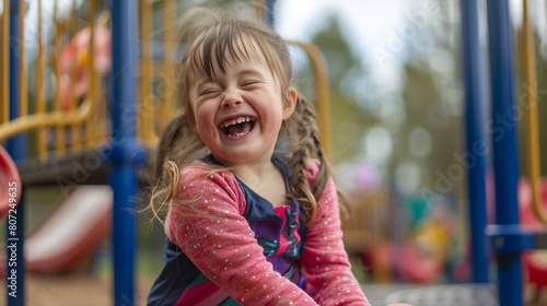 : A happy, boisterous little girl with Down syndrome playing on a playground, her laughter echoing off of other kids with varying capacities. photo
