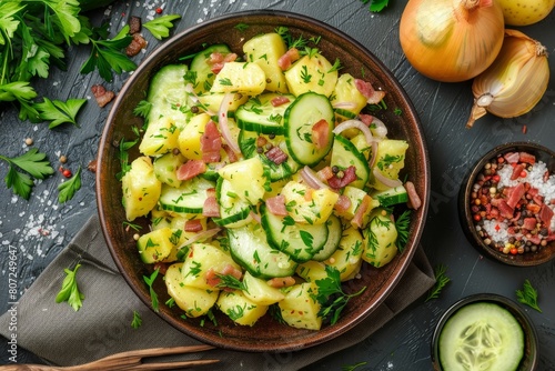 Traditional German potato salad with cucumber onion bacon in Swabian style Top view