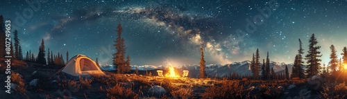 Cozy campsite with a tent, campfire, and chairs set up under a starry sky in a serene forest location