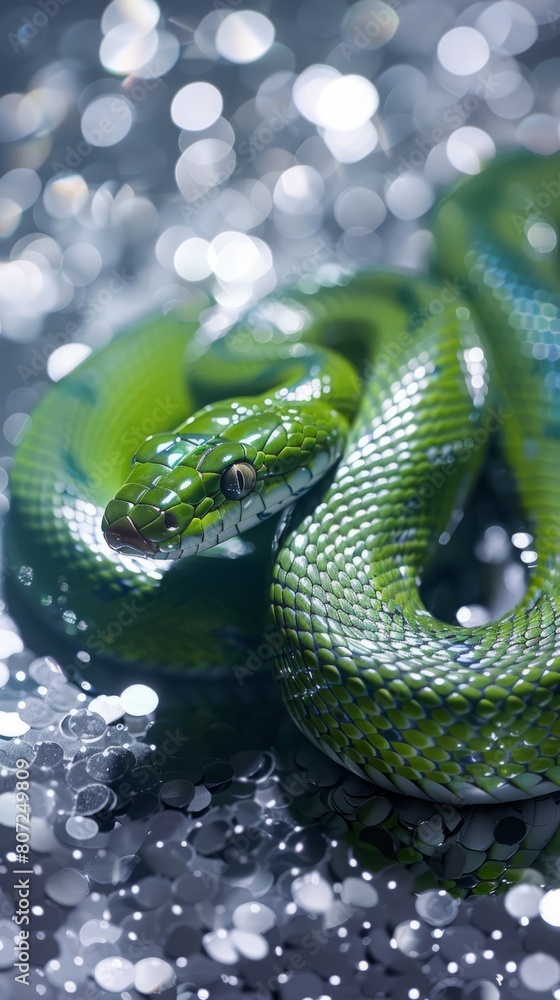 Fototapeta premium green snake on a background of silver sequins and branches of fir trees.
