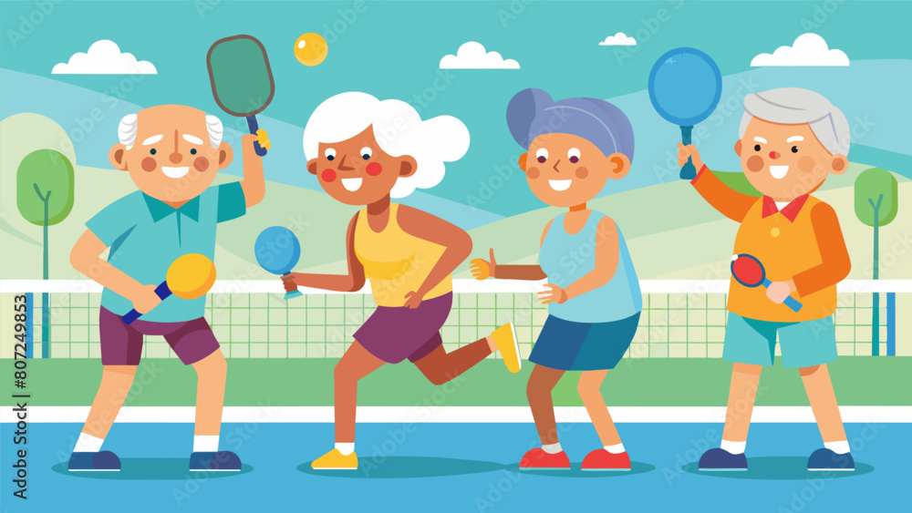 A group of seniors participate in a friendly game of pickleball a popular sport a older adults as part of their local Senior Pickleball League.. Vector illustration A group of seniors participate in a friendly game of pickleball a popular sport a older adults as part of their local Senior Pickleball League.. Vector illustration