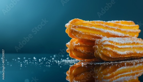 Sweet churros on dark surface with mirror image Background is blue photo