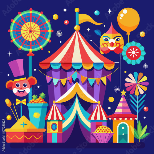 Brightly colored carnival scenes with festive decorations for party or event invitations