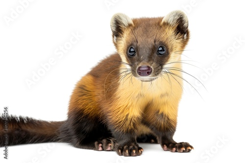 Portrait of European Pine Marten, Martes Martes, 4 Years Old, Sitting on White Background. Isolated photo