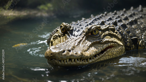 a close up of a crocodile's face