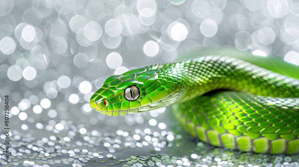 Obraz premium green snake on a background of silver sequins and branches of fir trees.