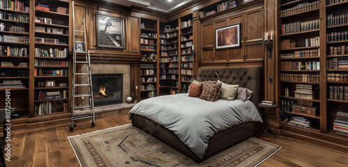 A master bedroom inspired by a library, with floor-to-ceiling bookshelves surrounding a comfortable bed, a rolling ladder to access the top shelves, photo