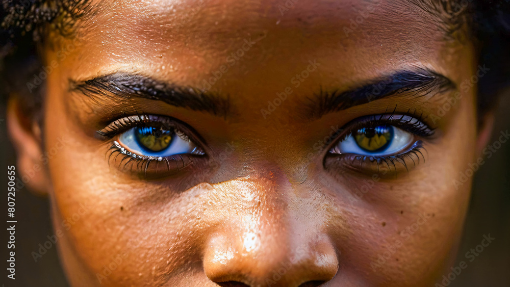 Into the Soul: Macro Close-Up of Deep Dark Eyes in an Afro-American Portrait, reveals mesmerizing depth and intensity of person's eyes. Rich, dark hues draw into a profound exploration of emotion Into the Soul: Macro Close-Up of Deep Dark Eyes in an Afro-American Portrait, reveals mesmerizing depth and intensity of person's eyes. Rich, dark hues draw into a profound exploration of emotion