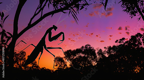 The silhouette of trees and an Empusa pennata mantis photo
