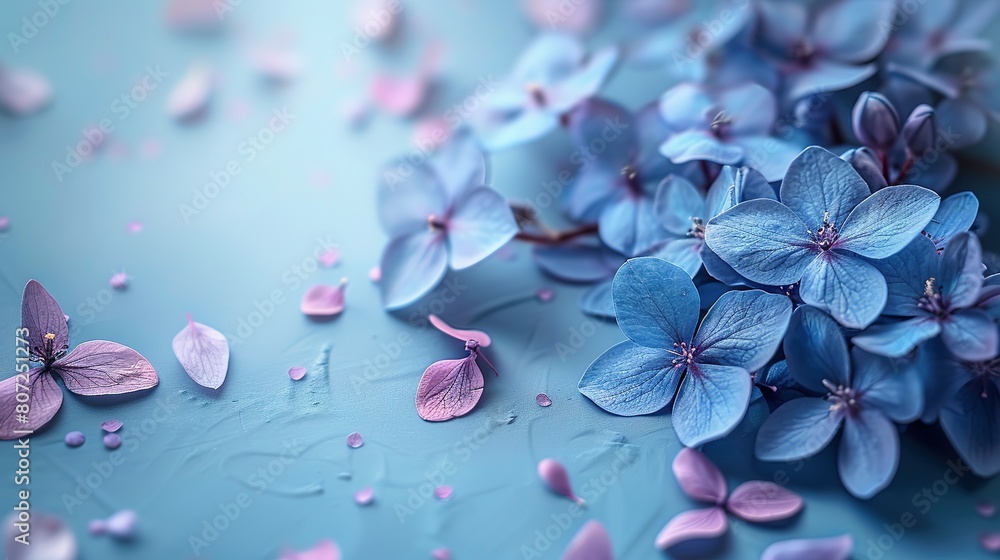  A collection of blue and pink blossoms atop a blue backdrop with water droplets adorning their petals