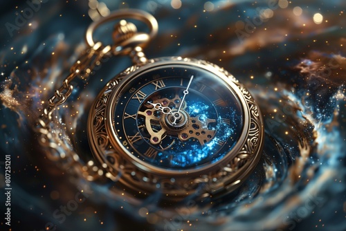 Vintage clock with rapidly rotating hands against the background of a rotating cosmic galaxy. The watch chain forms an infinity symbol, representing the limitless possibilities of time