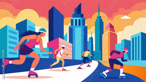 Amidst the towering skyscrs and bustling traffic the inline skaters vibrant colors stand out as they speed through the urban landscape in the summer. Vector illustration