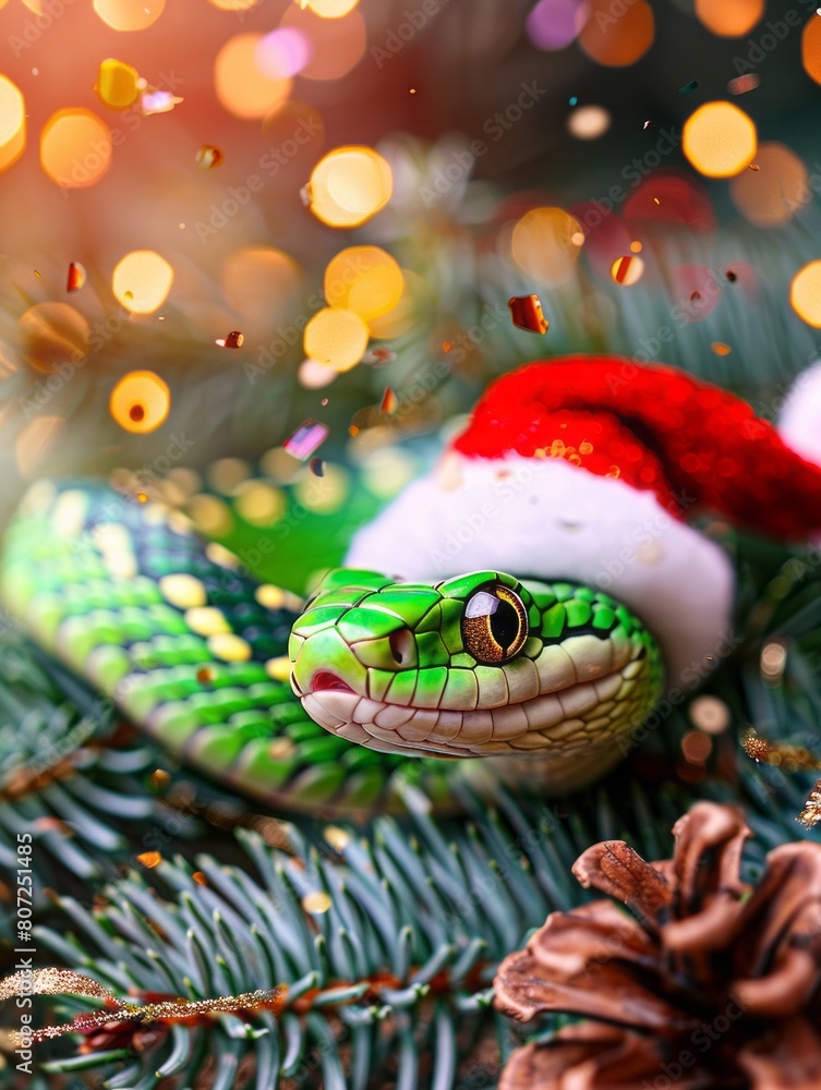 Fototapeta premium green snake with a sanclaus cap.