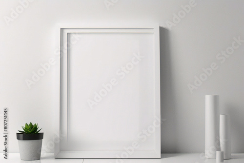 Moldura branca apoiada no chão branco na maquete interior. Modelo de uma imagem emoldurada em uma renderização em 3D de parede photo