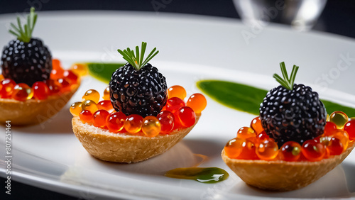 canapés with red caviar in a restaurant