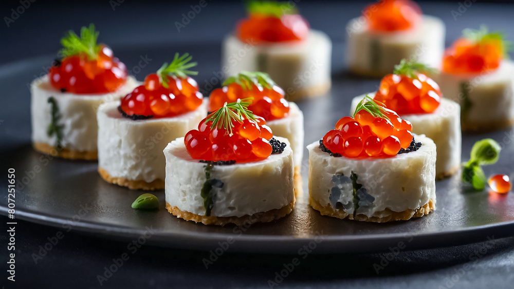 canapés with red caviar in a restaurant catering canapés with red caviar in a restaurant catering