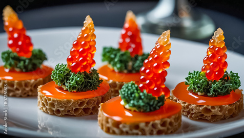 canapés with red caviar in a restaurant appetence