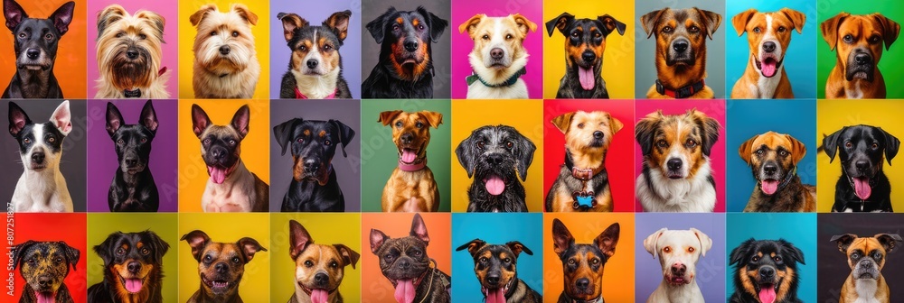 Colorful Collage of Multiple Dog Breeds Posing Together in Closeup Portraits - Happy Canine Friends Colorful Collage of Multiple Dog Breeds Posing Together in Closeup Portraits - Happy Canine Friends