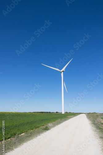 sand road next to a windmill of wind energy in the middle of the countryside with beautiful colors and clear blue sky, renewable energy