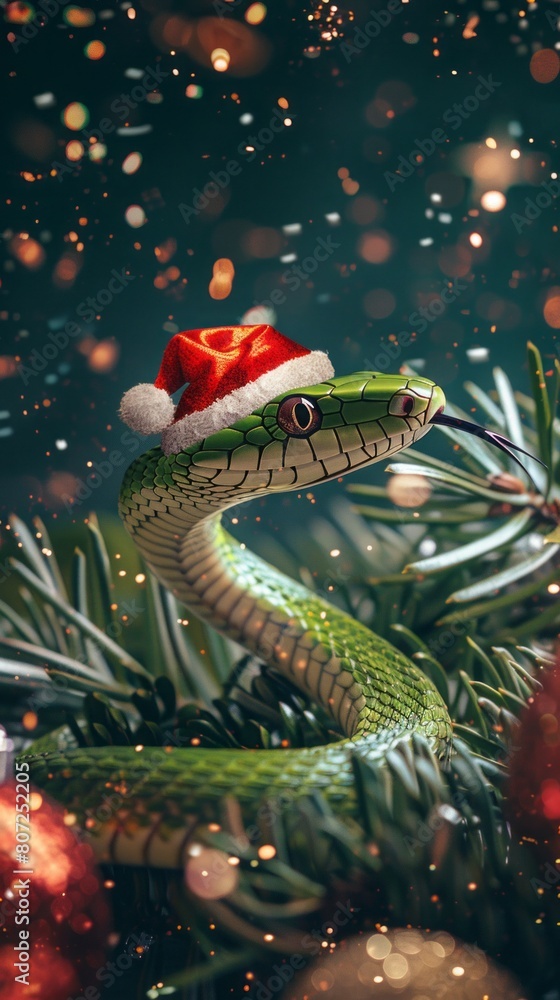 green snake with a sanclaus cap. green snake with a sanclaus cap.