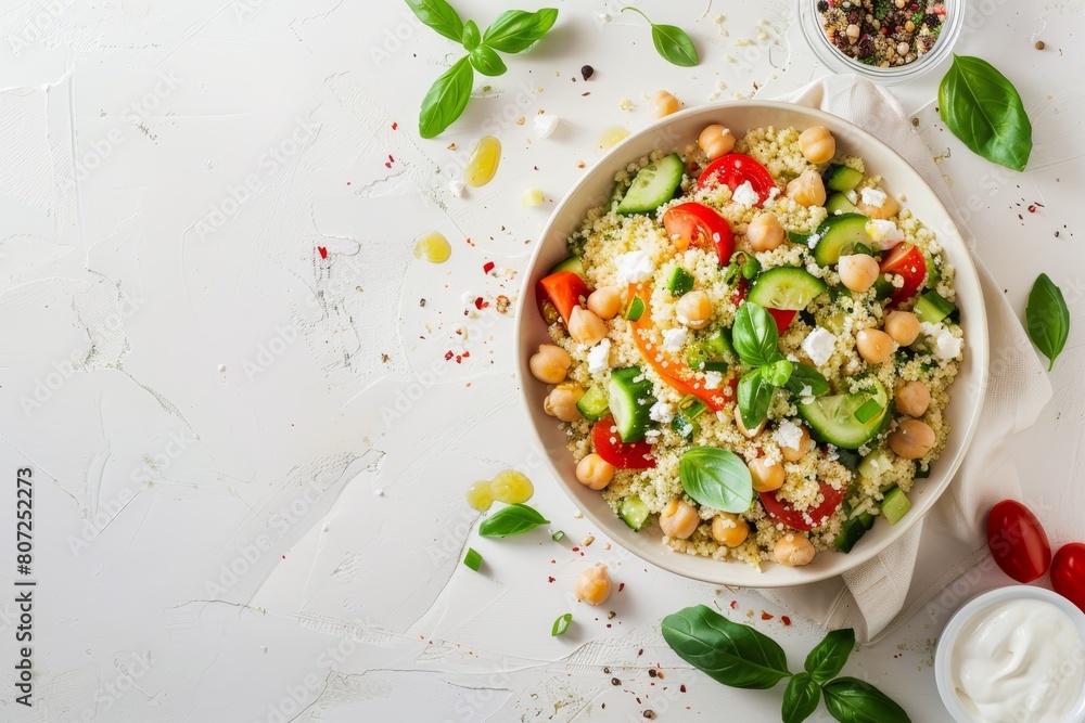 Top view of a healthy salad with couscous chickpeas vegetables and Greek yogurt on light background Top view of a healthy salad with couscous chickpeas vegetables and Greek yogurt on light background