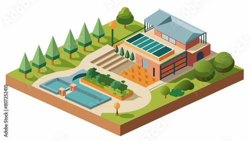 The architectural model highlights the landscaped gardens and outdoor amenities planned for the completed project while the site currently only shows. Vector illustration