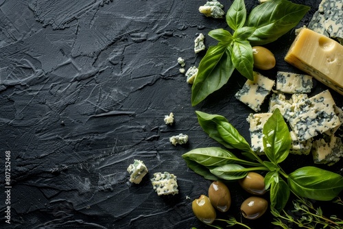 Top view of blue cheese olives and herbs on dark vintage background with free space for text