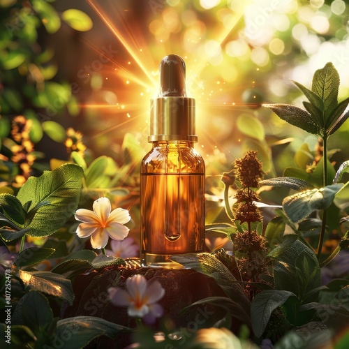 Glass bottle with dropper rests among calming flowers and leaves