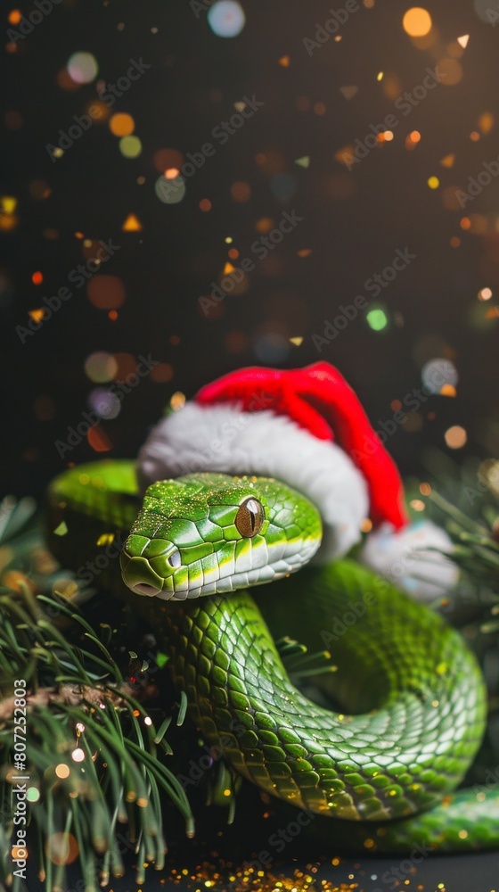 Fototapeta premium green snake with a sanclaus cap.