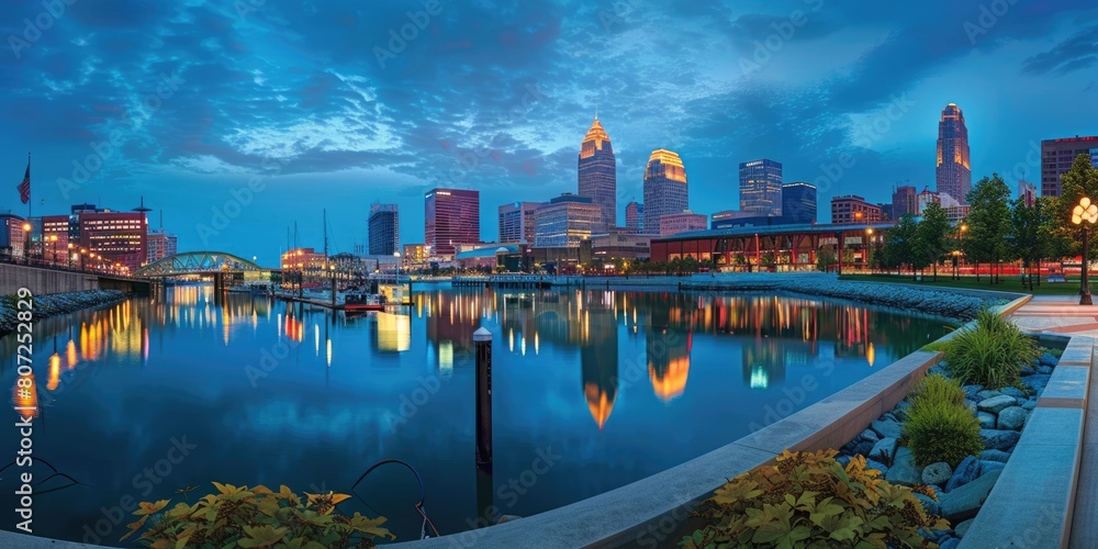 Fototapeta premium Downtown Skyline Panorama. Blue Hour City Landscape with Architecture and Districts 