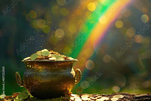 End of the Rainbow. Pot of Gold and Coins with Beautiful Rainbow in the Green Countryside.