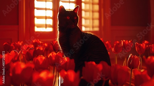  A black cat sits amidst red tulips, framed by a window #807252872