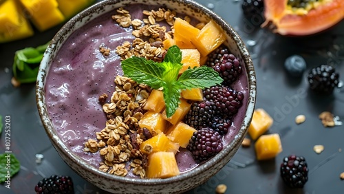 Topdown view of acai bowl with granola and tropical fruits. Concept Food Photography, Acai Bowl, Granola, Tropical Fruits, Topdown View