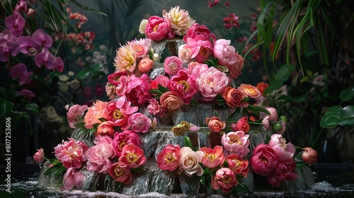 an extravagant centerpiece featuring peonies and ranunculus, arranged in a cascading waterfall of petals, creating a breathtaking display. © Huma