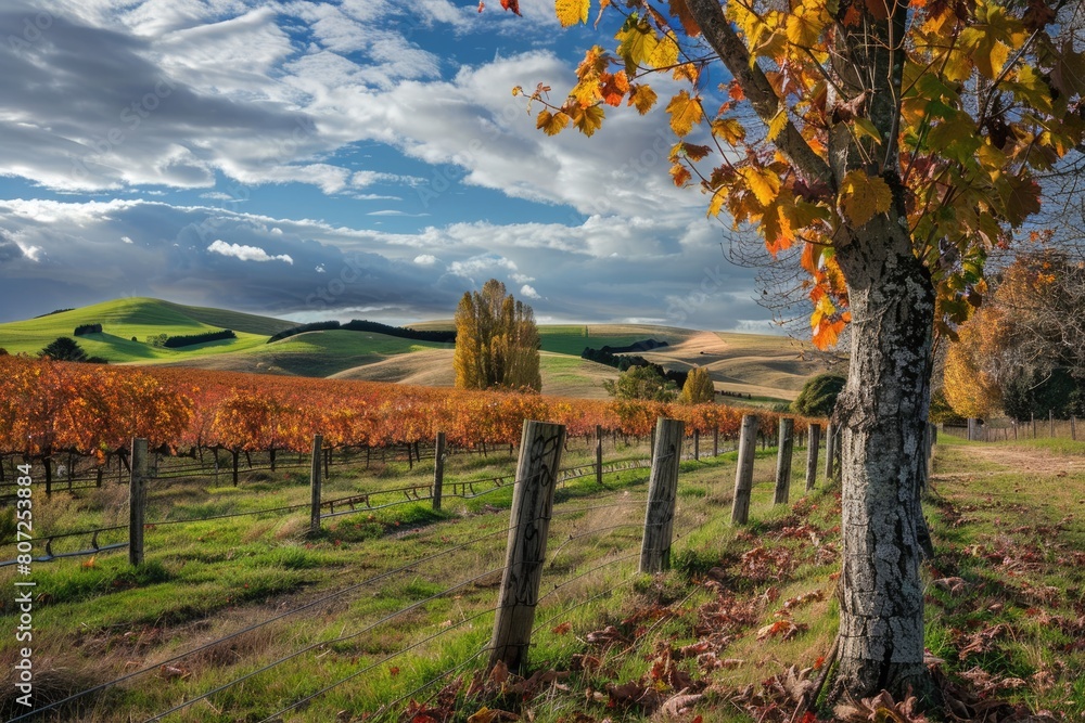 Obraz premium Autumn Landscape in Bay. Scenic Countryside with Colourful Leaves