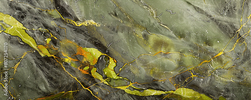 Chic lime green deep grey marble backdrop accented with rich golden veins offering a contemporary stone style