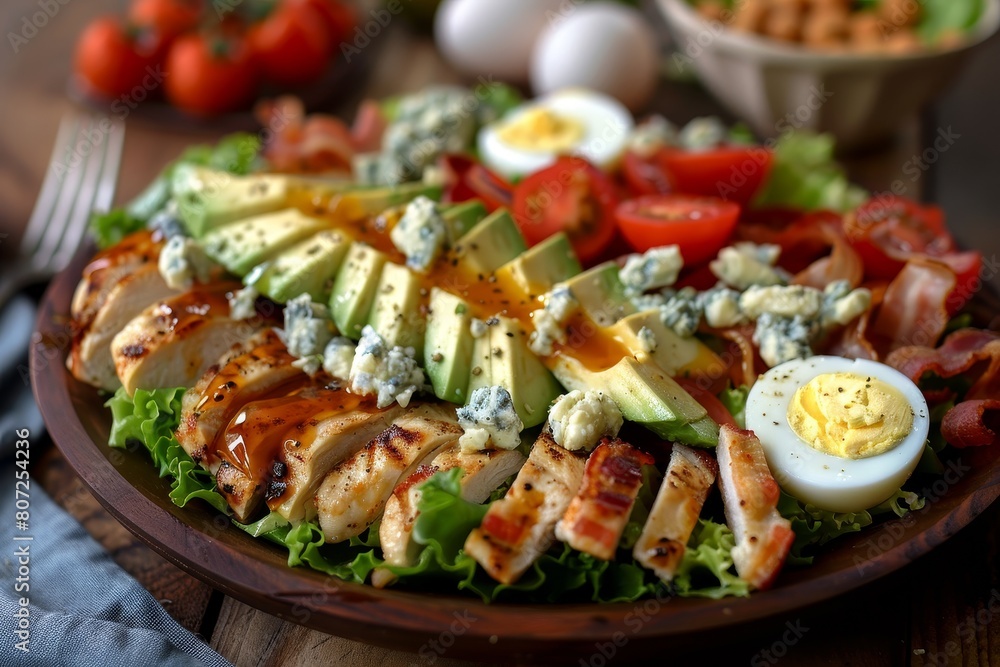 Traditional cobb salad with bacon chicken tomato egg avocado and blue cheese Traditional cobb salad with bacon chicken tomato egg avocado and blue cheese