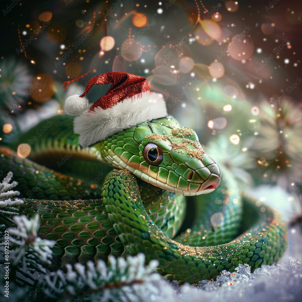 Fototapeta premium green snake with a sanclaus cap.