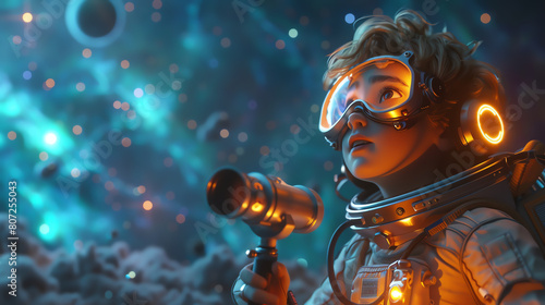 Visionary 3D cartoon entrepreneur with a telescope, exploring opportunities, starry night background