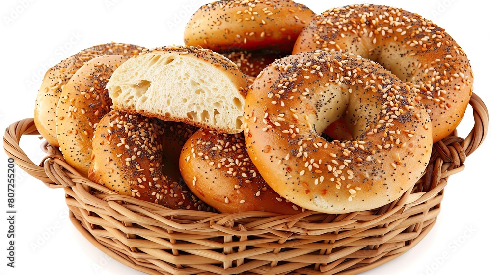 A basket with delicious bagels, isolated on white background. A basket with delicious bagels, isolated on white background.