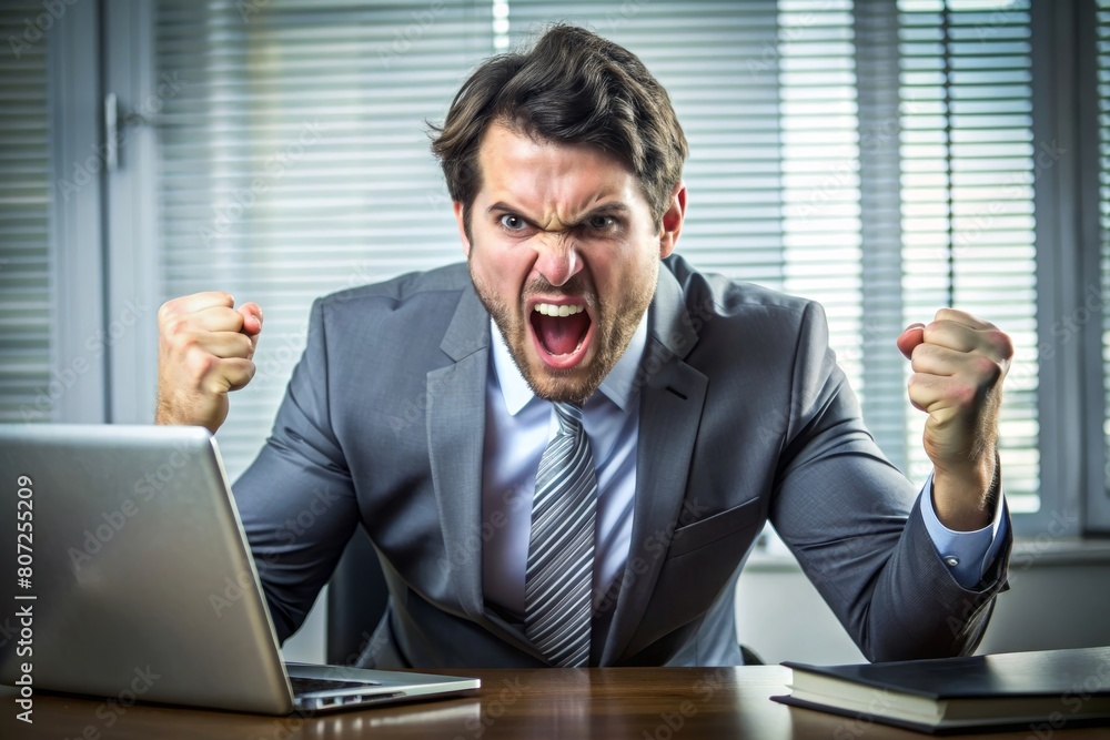 Angry businessman sitting at his desk and screaming. Angry businessman sitting at his desk and screaming.