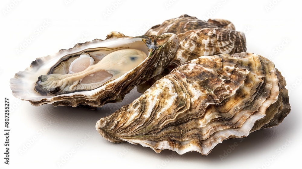 Cracked open fresh oysters on a white background. Cracked open fresh oysters on a white background.