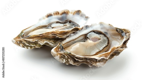 Cracked open oysters on a white background